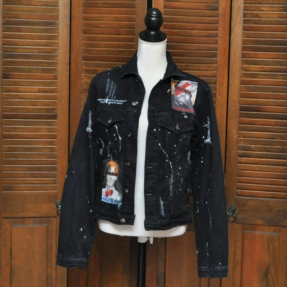Kleep Biggie Smalls Bowie Warhol Dark Denim Jean Jacket Sz S